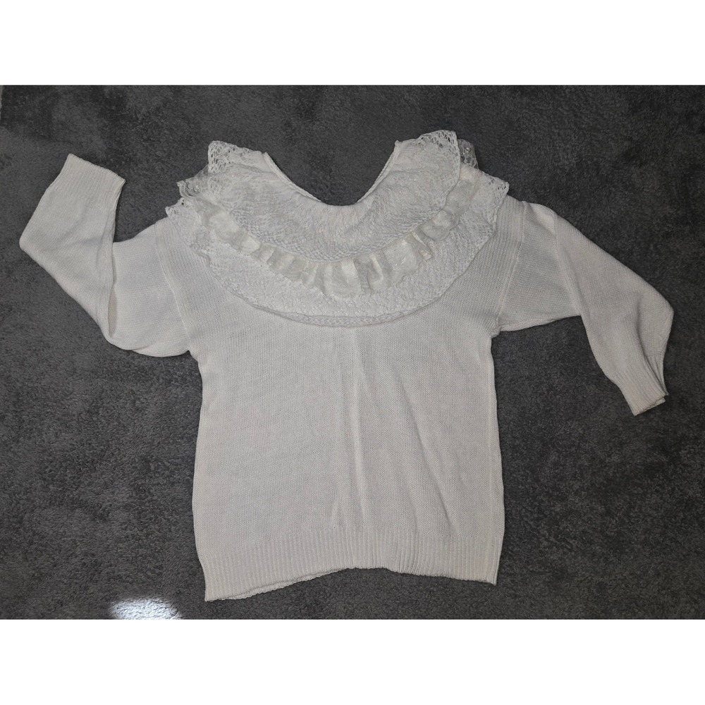 VTG Bonnie And Bill by Holly White Knit Sweater Lace Collar M Romantic FLAWS